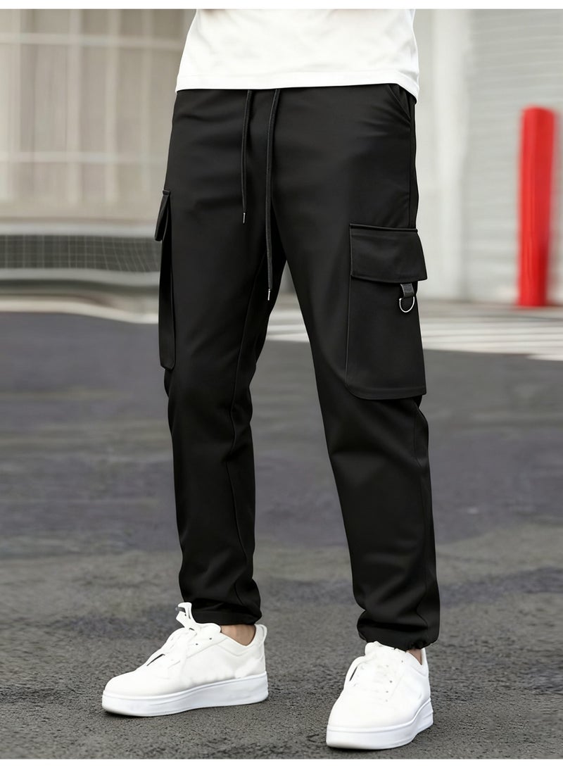 Men's Black Cargo Pants Multi-Pocket Utility Joggers Elastic Waist Techwear Casual Trousers - Image 3