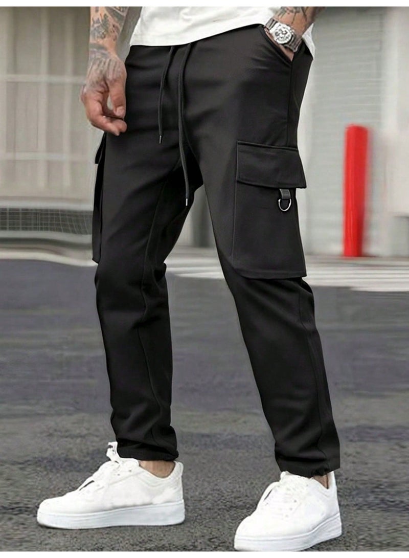 Men's Black Cargo Pants Multi-Pocket Utility Joggers Elastic Waist Techwear Casual Trousers - Image 1