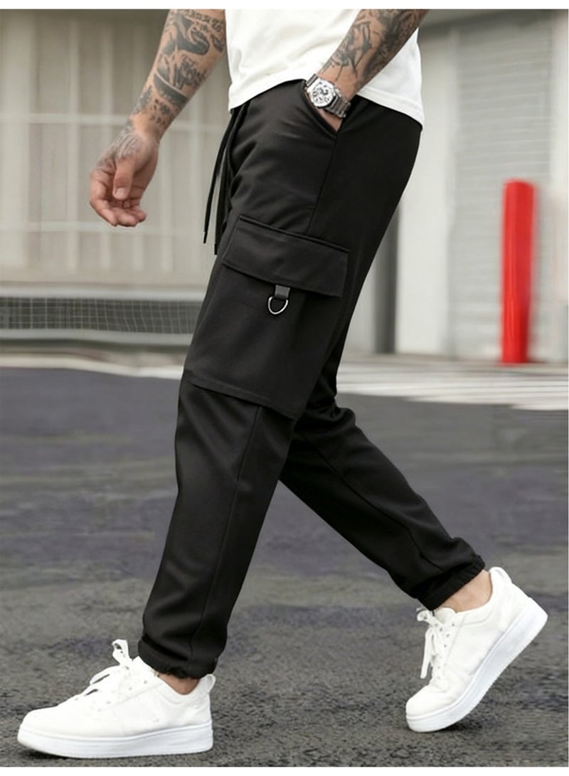 Men's Black Cargo Pants Multi-Pocket Utility Joggers Elastic Waist Techwear Casual Trousers - Image 2