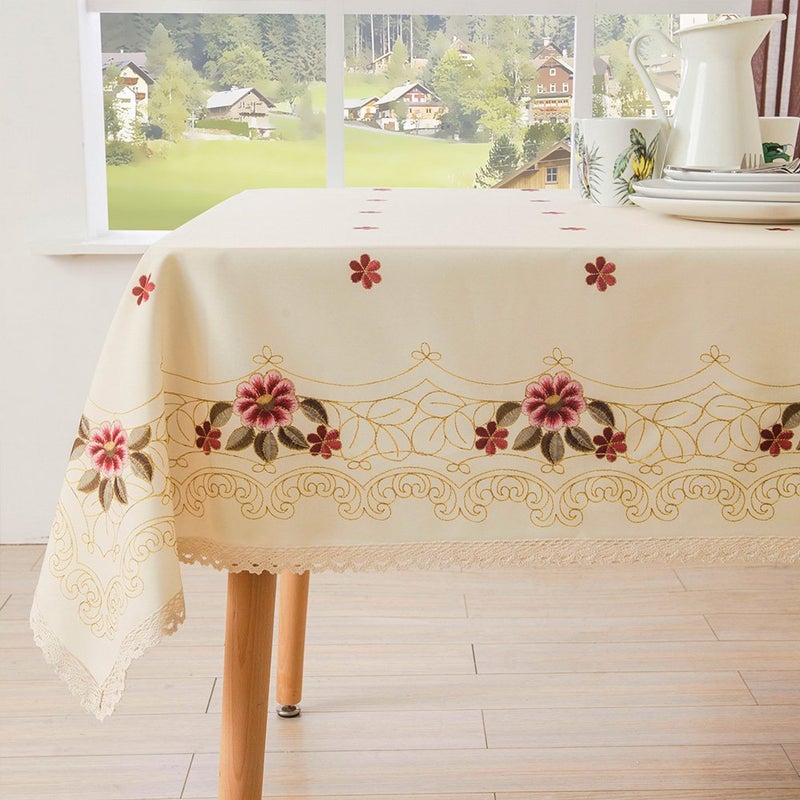 Wewoch Decorative Red Floral Print Lace Water Resistant Tablecloth Wrinkle Free and Stain Resistant Fabric Tablecloths for Kitchen Room 60 Inch by 84 Inch - Image 2