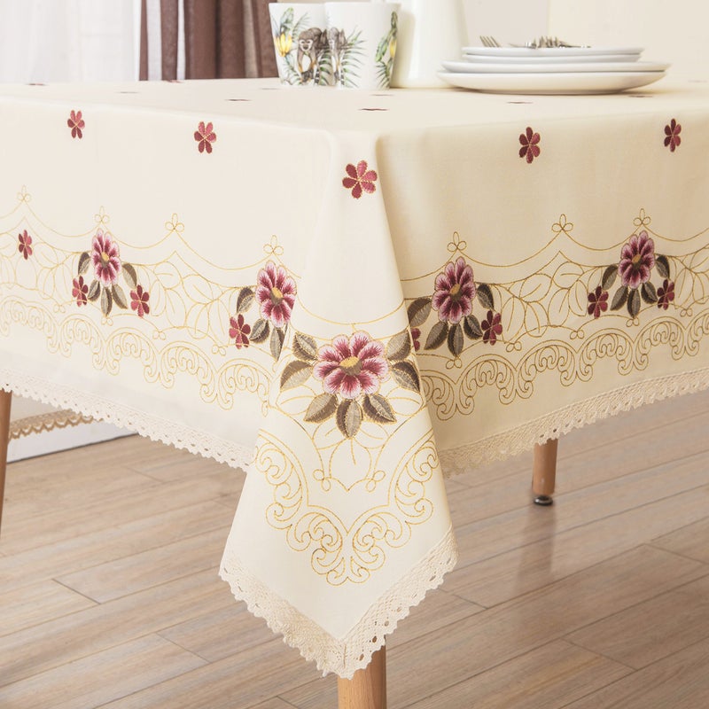 Wewoch Decorative Red Floral Print Lace Water Resistant Tablecloth Wrinkle Free and Stain Resistant Fabric Tablecloths for Kitchen Room 60 Inch by 84 Inch - Image 1