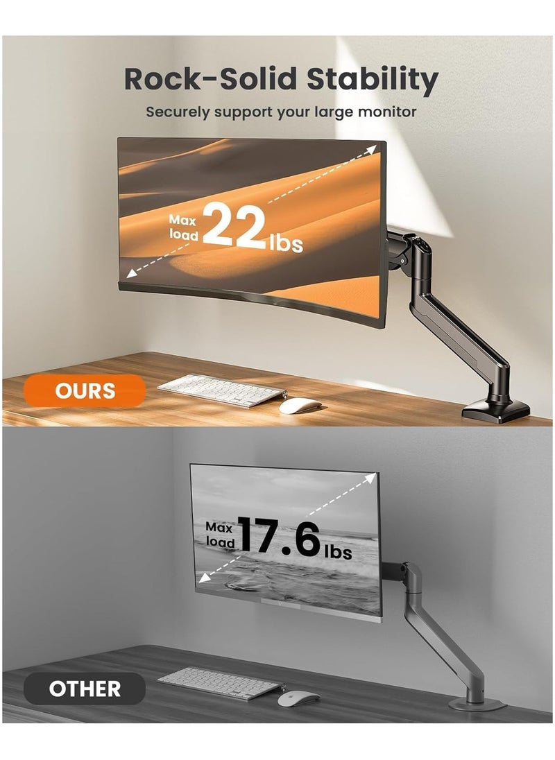 TIGER Single Monitor Arm for 13-32 Inch Screens – Adjustable Gas Spring Monitor Mount Holds up to 22 lbs, VESA 100x100mm, C-Clamp & Grommet Base, Ergonomic Computer Stand – Desk Mount for Home & Office  - Image 5