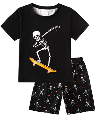 MyFav Big Boys Glow in Dark Skull Pjs Sleepwear Summer Pajama Shorts Sets, Skateboard, 10 Years - Image 1