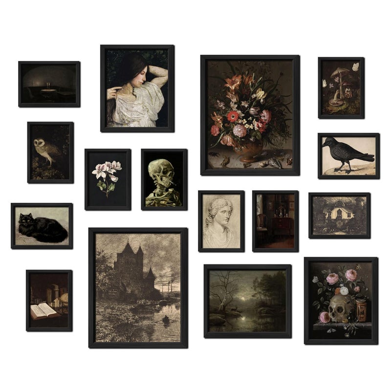 ANERZA 16 PCS Framed Dark Academia Room Decor, Gothic Home Decor, Moody Wall Art Prints for Bedroom, Gallery Wall Frame Set, Witchy Posters for Living Room Aesthetic, Halloween Dorm Collage Kit - Image 1