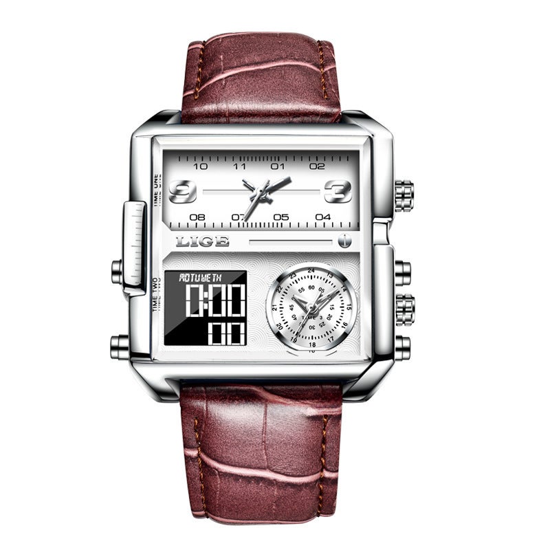 LIGE New Dual Display Quartz Watch, Multifunctional Waterproof Mens Wristwatch Silver belt