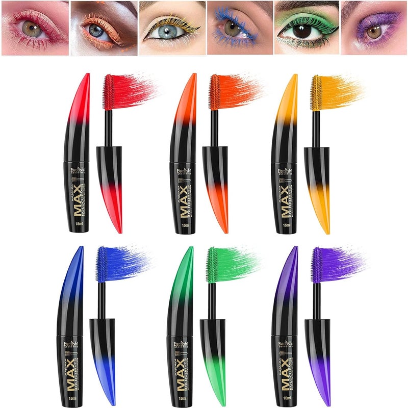 RoseFlower Colored Mascara Sets, 6 Colors Waterproof Colorful Mascara Gift Set, Red Pink Purple Blue White Black Colorful Mascara Charming Long Lasting Voluminous Mascara for Eyelash Eye Makeup