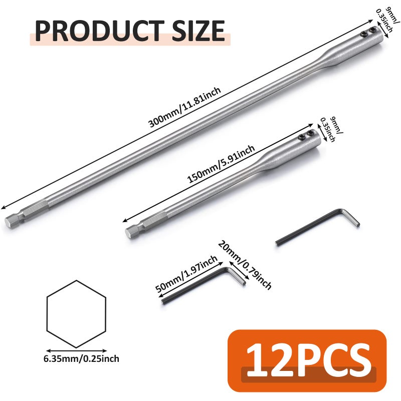 Chumia Drill Bit Extension 6, 12 Inch High Carbon Steel Drill Bit with Wrench Key for Wood Turners Construction Accessories(12 Pieces) - Image 2