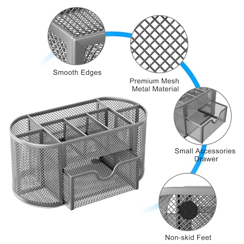 EasyPAG Mesh Pen Holder Desk Organizer with Drawer Stationery Supplies Organizer for Dorm School 9 Compartments Workspace Desk Accessories Organization for Office, Silver - Image 4