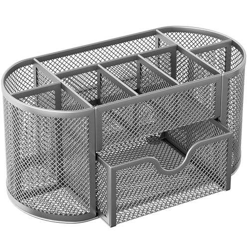 EasyPAG Mesh Pen Holder Desk Organizer with Drawer Stationery Supplies Organizer for Dorm School 9 Compartments Workspace Desk Accessories Organization for Office, Silver - Image 2