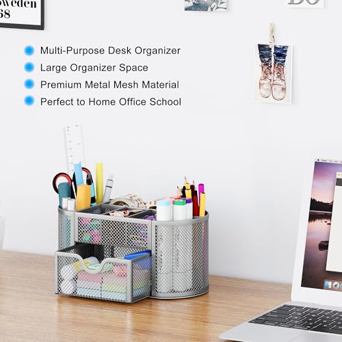EasyPAG Mesh Pen Holder Desk Organizer with Drawer Stationery Supplies Organizer for Dorm School 9 Compartments Workspace Desk Accessories Organization for Office, Silver - Image 3