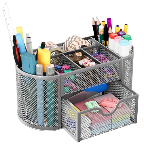 EasyPAG Mesh Pen Holder Desk Organizer with Drawer Stationery Supplies Organizer for Dorm School 9 Compartments Workspace Desk Accessories Organization for Office, Silver - Image 1