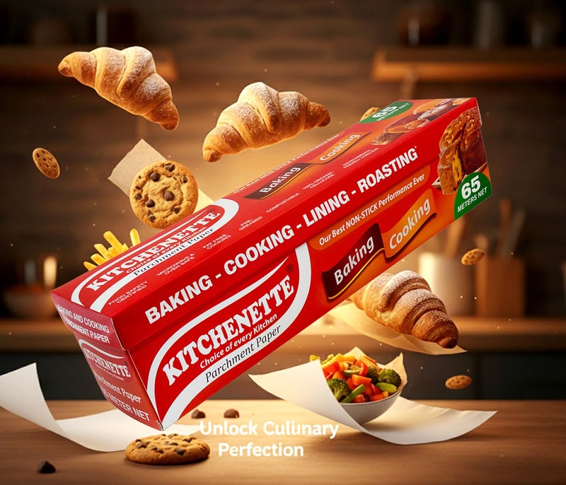 Kitchenette Parchment Paper 65 Meter Roll | Non Stick Baking Paper for Oven, Air Fryer & Microwave | Food Grade Heat Resistant | Greaseproof & Waterproof | for Cakes, Cookies, Pizza & Roasting - Image 4
