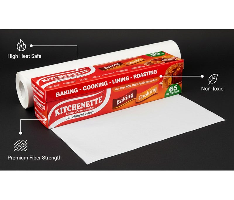 Kitchenette Parchment Paper 65 Meter Roll | Non Stick Baking Paper for Oven, Air Fryer & Microwave | Food Grade Heat Resistant | Greaseproof & Waterproof | for Cakes, Cookies, Pizza & Roasting - Image 3
