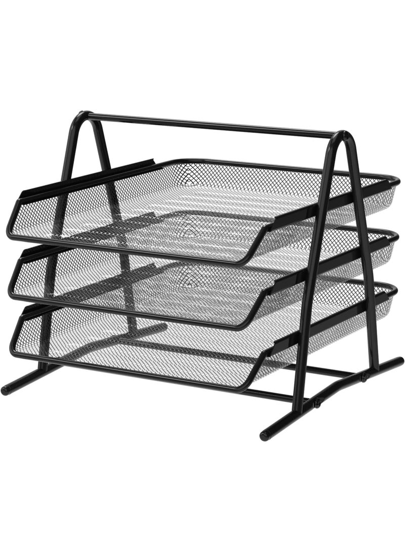 3-Tier Black A4 Drawer Office Document Organizer Tray File Folders Computer Desk Organizer Drawers Black Metal Mesh Rectangular - Image 1