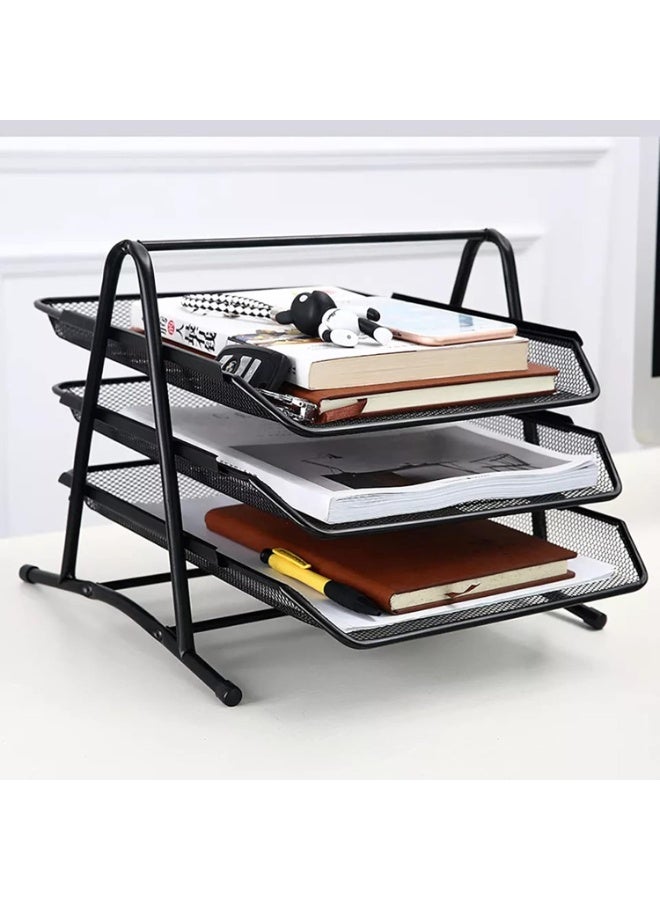 3-Tier Black A4 Drawer Office Document Organizer Tray File Folders Computer Desk Organizer Drawers Black Metal Mesh Rectangular - Image 2
