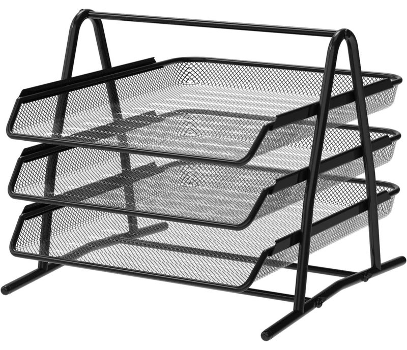 صينية تنظيم المكتب والمستندات 3 مستويات اسود ايه 4 درج مكتب مجلدات ملفات مكتب كمبيوتر منظم ادراج مادة شبكية معدنية سوداء  مستطيلي - Image 1