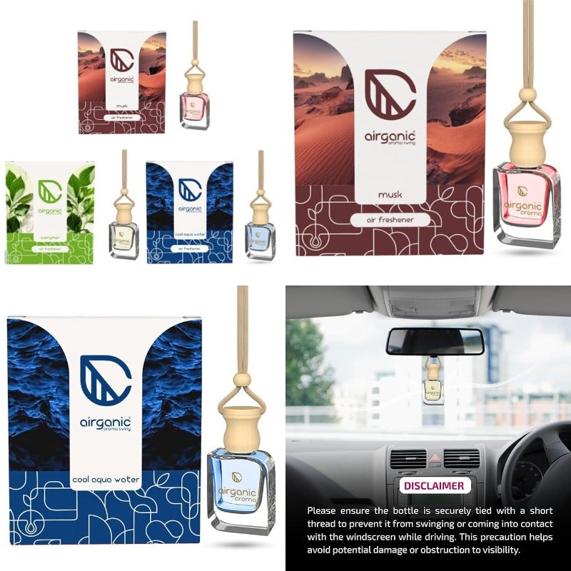 Swing Prime Car Perfume Hanging Pod Musk Camphor Cool Aqua Water Pack 3 Car Air Freshener Natural Essential Fragrance Oils in Glass Bottle with Wooden Diffuser Lid Last Upto 60 Days - Image 1