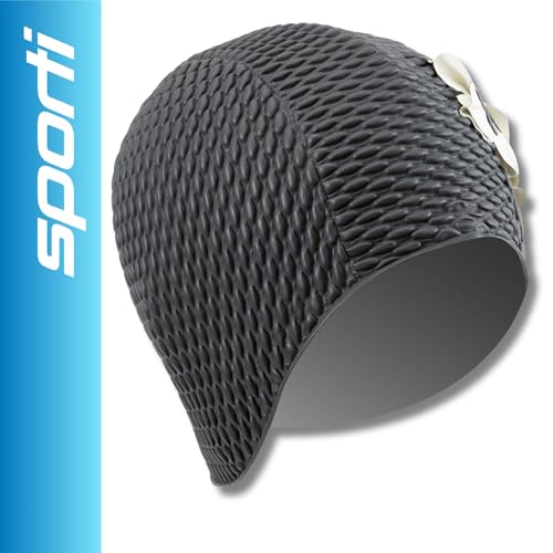 Sporti Floral Bubble Swim Cap - Black/Ivory Flowers - Image 2