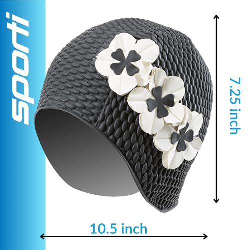 Sporti Floral Bubble Swim Cap - Black/Ivory Flowers - Image 5