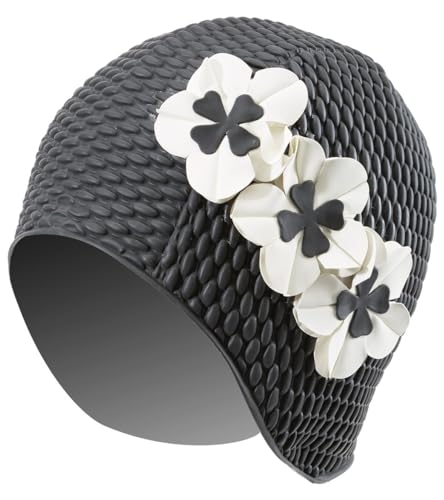 Sporti Floral Bubble Swim Cap - Black/Ivory Flowers - Image 1