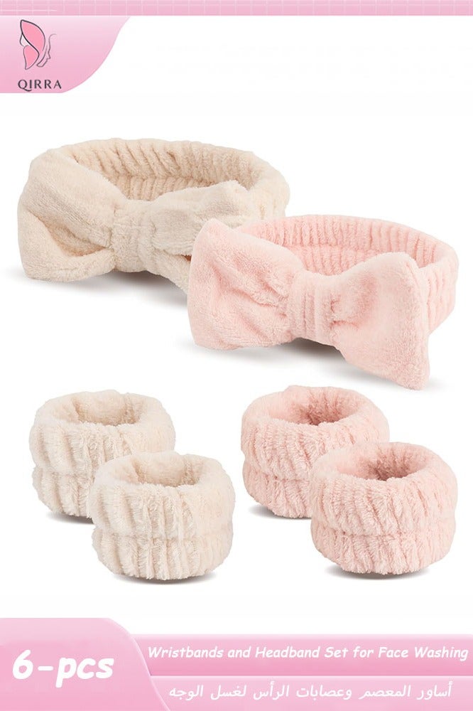 QIRRA 6 Pcs Makeup Headband & Wristband Set, Soft Microfiber Bow Hair Band with Towel Wristbands for Women, Prevent Water Drips, Skincare Spa Makeup Accessories (Pink + Beige) - Image 1