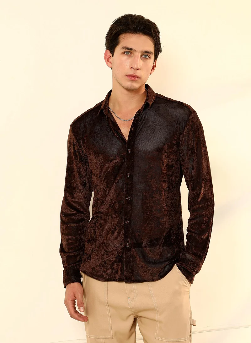 Campus Sutra Men's Chocolate Brown Solid Velvet Shirt | Slim Fit Full Sleeve Spread Collar Solid Pattern | Velvet Woven Fabric For Club & Casual Wear