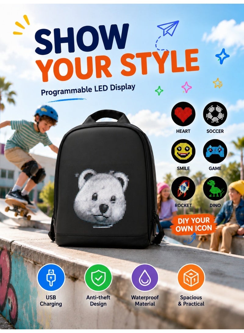 CRONY R1 LED Display Backpack, Customizable Programmable Smart Light-Up Digital Screen, Waterproof Oxford Cloth, USB Charging Port, Anti-Theft Zipper, Soft Back Contoured Panel for Motorcycle, Cycling, Travel, School - Image 5