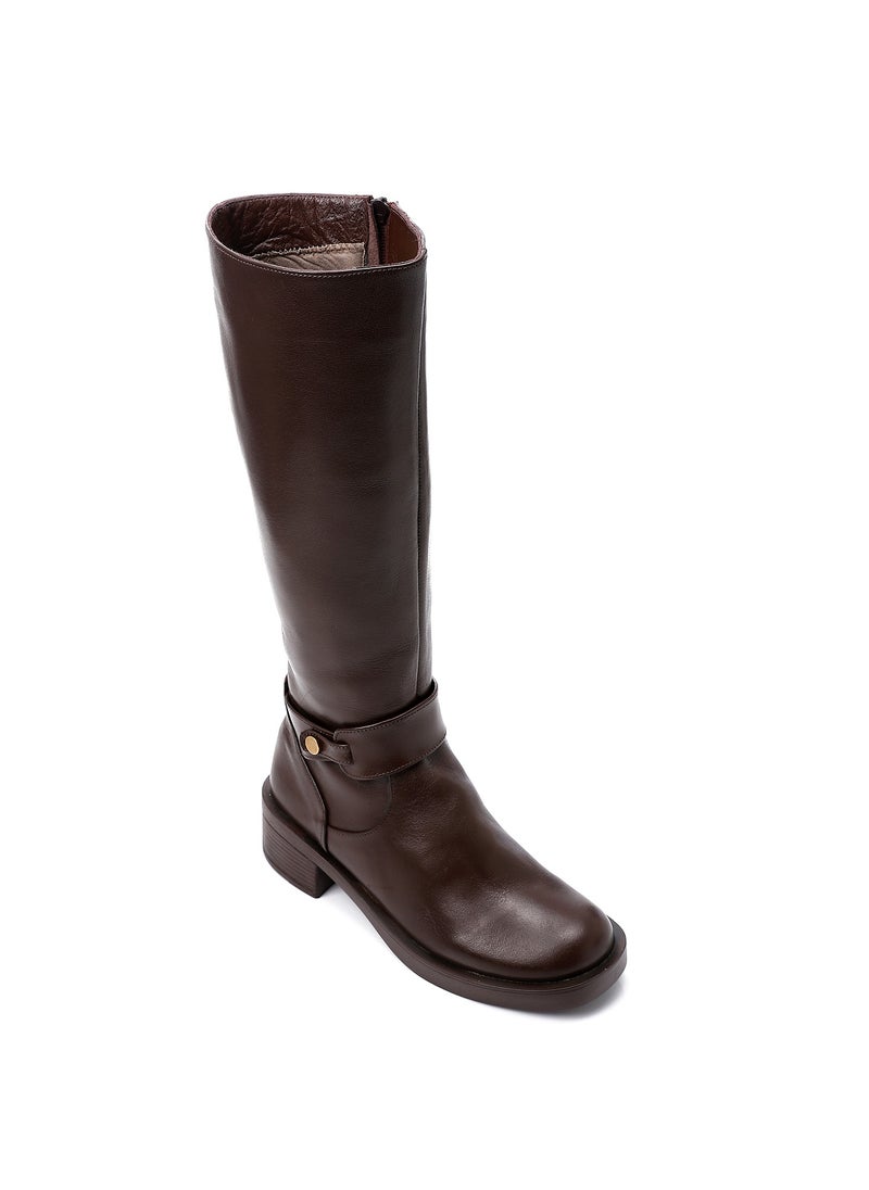 Mr.joe Round Toecap Zipper Knee High Boots - Chocolate Brown  - Image 2