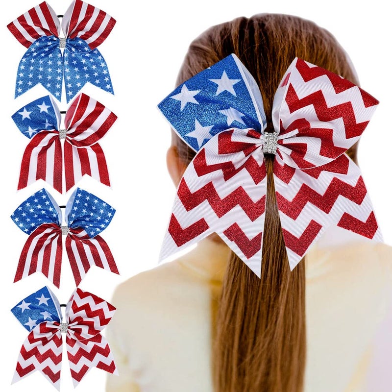 Nishine Nishine 4 pcs 8inch Girls American Flag Glitter Ribbon Cheer Hair Bows 4th of July Independence Day Ponytail Holder Hair Ties Type A4 pcs 