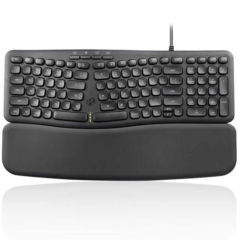 Perixx PERIBOARD-536B US, Wired Ergonomic Compact USB Keyboard - 16.34 x 5.71 x 1.61 inches Dimension - Build-in Number Pad - Detachable Wrist Rest - Silent Typing - Black - Image 1