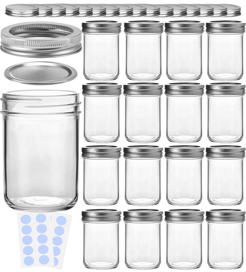 KAMOTA Mason Jars, 8 oz Glass Jars With Regular Lids and Bands, Ideal for Jam, Honey, Wedding Favors, Shower Favors,DIY Spice Jars, 16 Pack, Extra 16 Lids & 20 Whiteboard Labels - Image 1