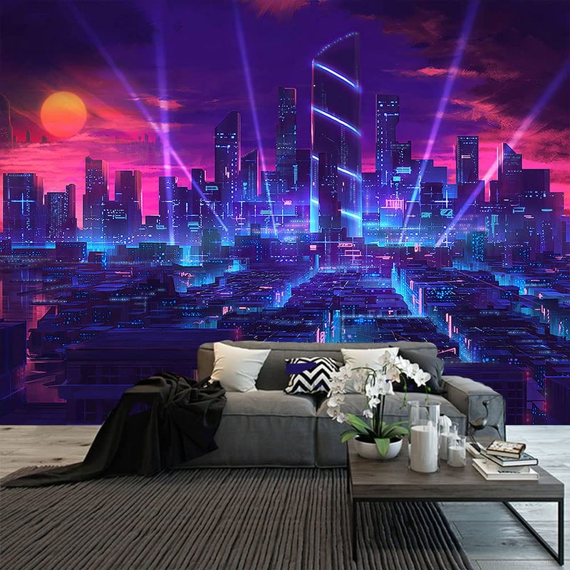 Aidatain Punk Cityscape Tapestry Large Size 108x90In Purple Blue Neon Street Scene Game Scene Japanese Anime Fantasy Landscape Flannel Tapestry for Bedroom Living Room