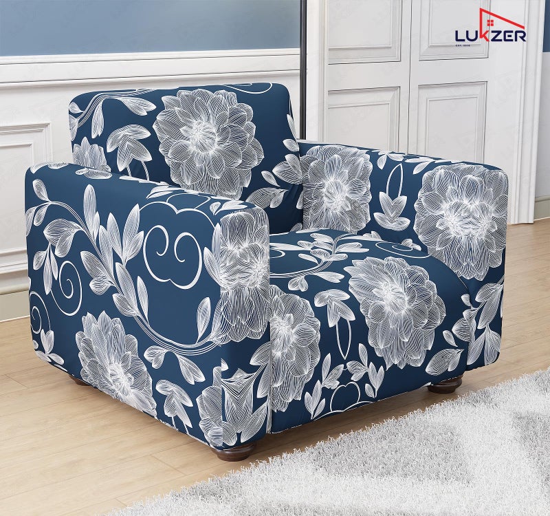 Lukzer 1 Seater Blue Dahlia Universal Sofa Cover | 360° Fully Covered Anti-Slip Washable Couch Cover Protector | 140 GSM Stretch Fit Polyester + Spandex Slipcover (90-140cm/SC-003-01) - Image 4