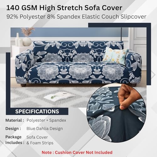 Lukzer 1 Seater Blue Dahlia Universal Sofa Cover | 360° Fully Covered Anti-Slip Washable Couch Cover Protector | 140 GSM Stretch Fit Polyester + Spandex Slipcover (90-140cm/SC-003-01) - Image 5