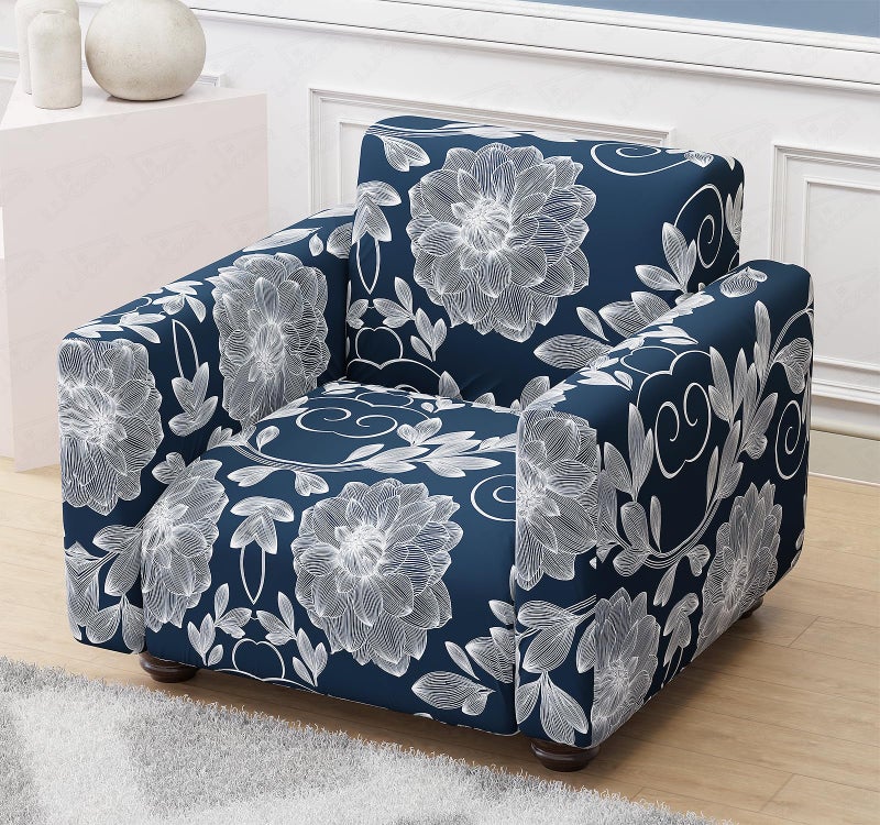 Lukzer 1 Seater Blue Dahlia Universal Sofa Cover | 360° Fully Covered Anti-Slip Washable Couch Cover Protector | 140 GSM Stretch Fit Polyester + Spandex Slipcover (90-140cm/SC-003-01) - Image 1