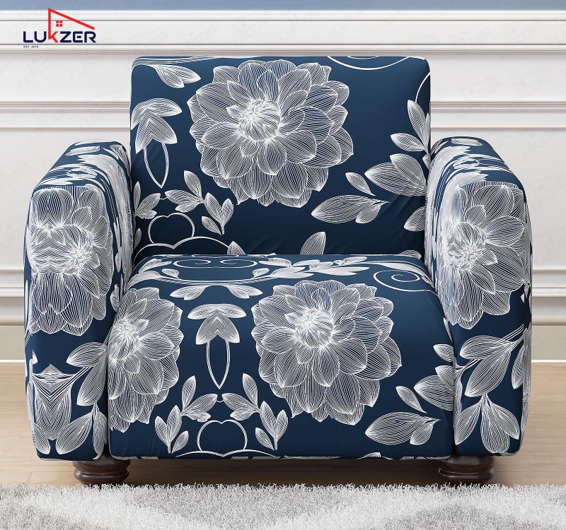Lukzer 1 Seater Blue Dahlia Universal Sofa Cover | 360° Fully Covered Anti-Slip Washable Couch Cover Protector | 140 GSM Stretch Fit Polyester + Spandex Slipcover (90-140cm/SC-003-01) - Image 3