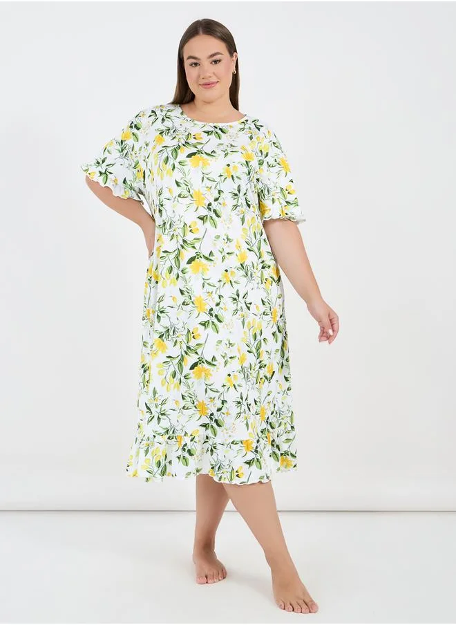 Styli Plus Size Floral Print Ruffle Sleeve Nightdress