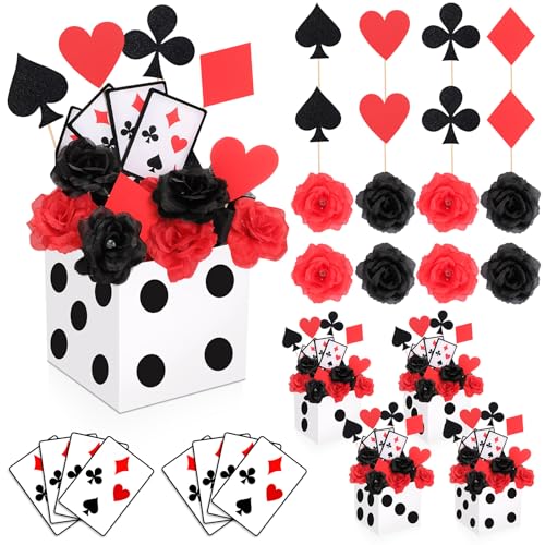 WinnerWhy 8 Sets Casino Theme Party Decoration Dice Favor Boxes Poker Toppers for Table Centerpieces with Flowers Poker Cutouts and Sticks for Las Vega Game Night Themed Party Decor - Image 1