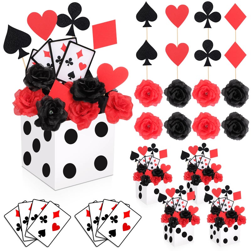 WinnerWhy 8 Sets Casino Theme Party Decoration Dice Favor Boxes Poker Toppers for Table Centerpieces with Flowers Poker Cutouts and Sticks for Las Vega Game Night Themed Party Decor - Image 3