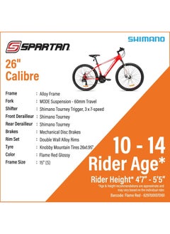 Spartan Calibre Hardtail Mountain Bicycle| 26 inch wheel size| 21 speed Shimano gear | For adults| Red  - Image 4