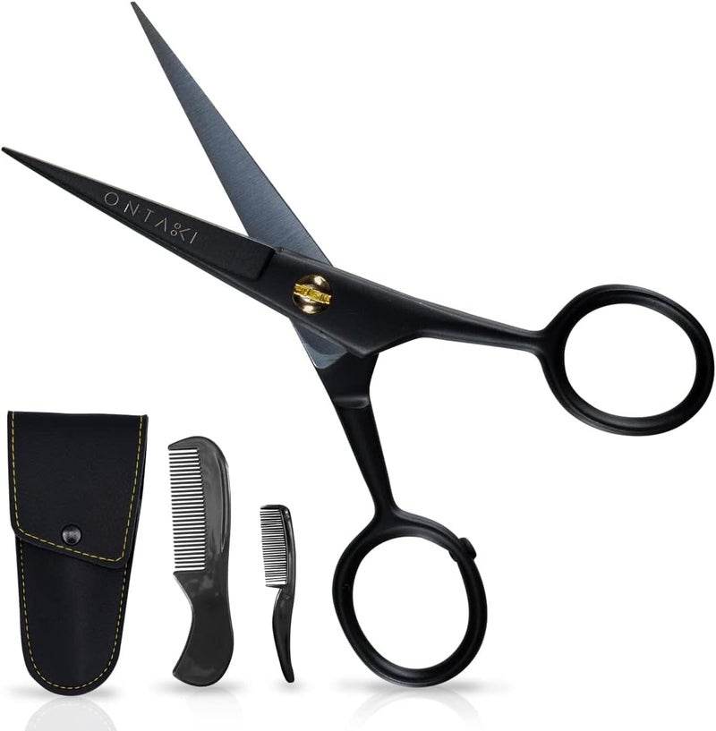 Ontaki Ontaki 5 Professional German Beard  Mustache Scissors with 2 Comb  Carrying Pouch for Men  Bevel Edge for Precision  Facial Hair Grooming Kit All Body Hair  Black  Beard Trimming Scissors