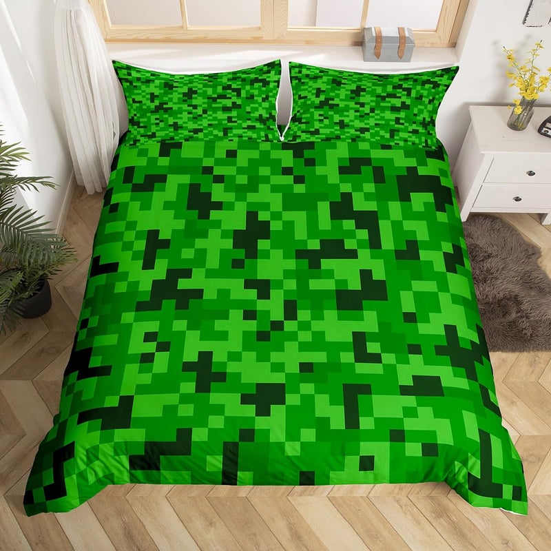 Castle Fairy Green Pixelated Miners Duvet Cover Set Full Size,Video Games Bedding Set for Kids Boys Girls Teens Room Decor,Cartoon Gamepad Comforter Cover Modern Geometric Check Quilt Cover,2 Pillowcases - Image 2