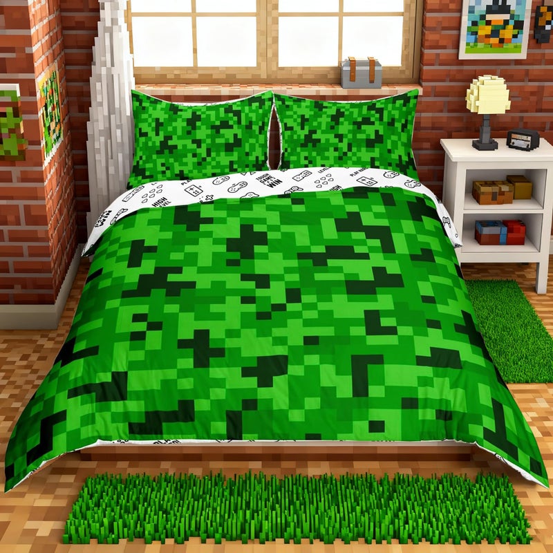 Castle Fairy Green Pixelated Miners Duvet Cover Set Full Size,Video Games Bedding Set for Kids Boys Girls Teens Room Decor,Cartoon Gamepad Comforter Cover Modern Geometric Check Quilt Cover,2 Pillowcases - Image 3