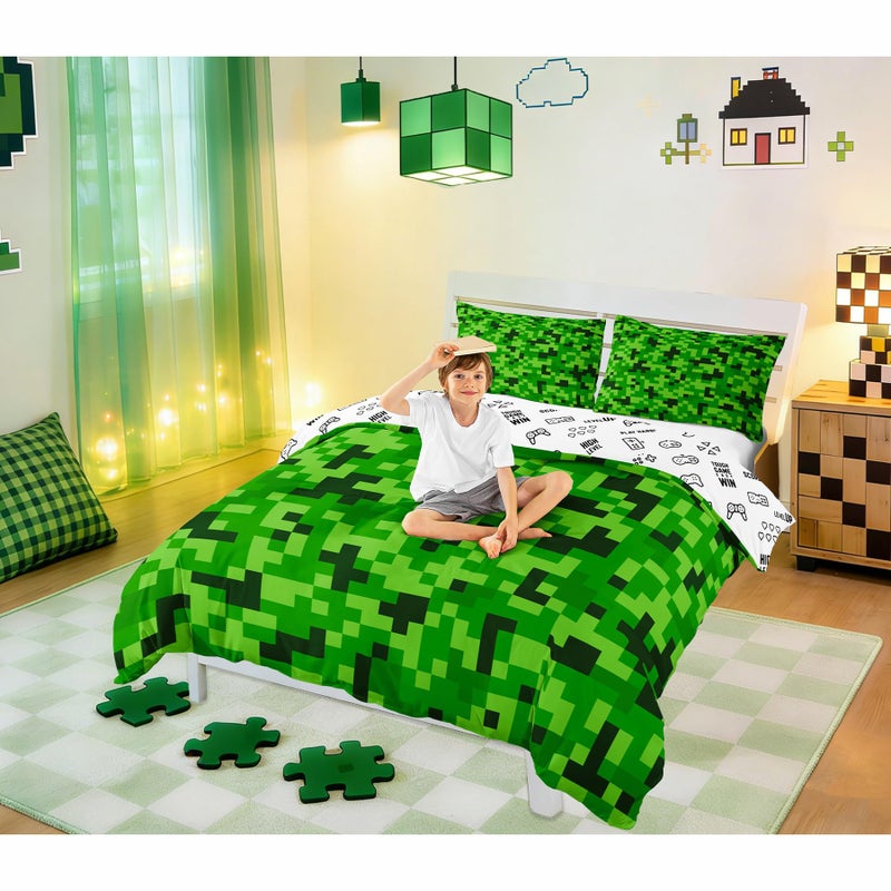 Castle Fairy Green Pixelated Miners Duvet Cover Set Full Size,Video Games Bedding Set for Kids Boys Girls Teens Room Decor,Cartoon Gamepad Comforter Cover Modern Geometric Check Quilt Cover,2 Pillowcases - Image 1