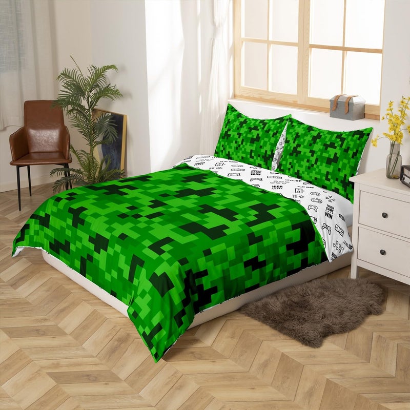 Castle Fairy Green Pixelated Miners Duvet Cover Set Full Size,Video Games Bedding Set for Kids Boys Girls Teens Room Decor,Cartoon Gamepad Comforter Cover Modern Geometric Check Quilt Cover,2 Pillowcases - Image 4