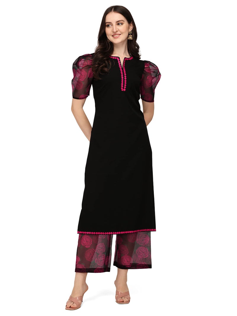 FIORRA Women's Black Crepe Straight Kurta with Palazzo and Dupatta SET0052-S - Image 5
