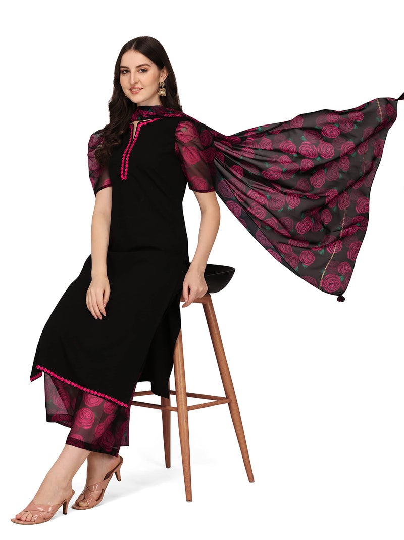 FIORRA Women's Black Crepe Straight Kurta with Palazzo and Dupatta SET0052-S - Image 4