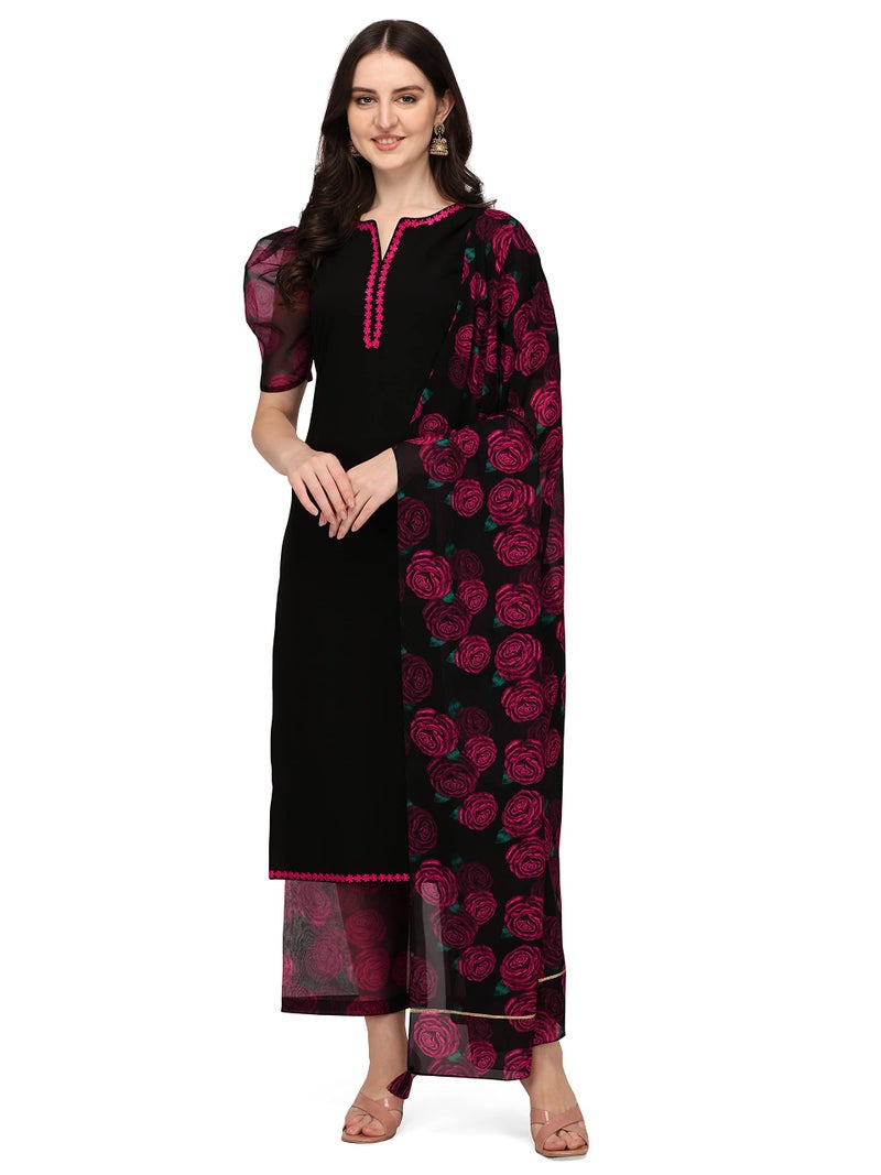 FIORRA Women's Black Crepe Straight Kurta with Palazzo and Dupatta SET0052-S - Image 1