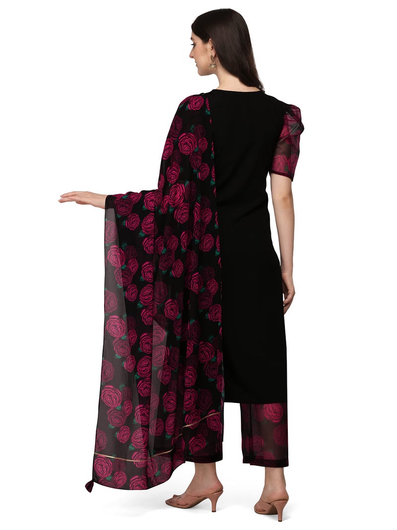 FIORRA Women's Black Crepe Straight Kurta with Palazzo and Dupatta SET0052-S - Image 3