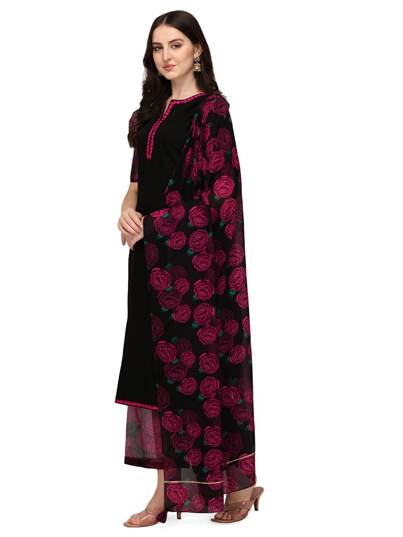FIORRA Women's Black Crepe Straight Kurta with Palazzo and Dupatta SET0052-S - Image 2